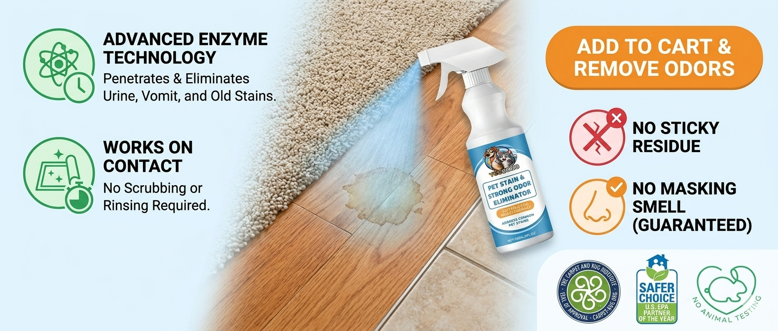 CURAPETS Premium Pet Stain & Odor Remover. Spray this to make years of stains, odors, & frustration vanish permanently