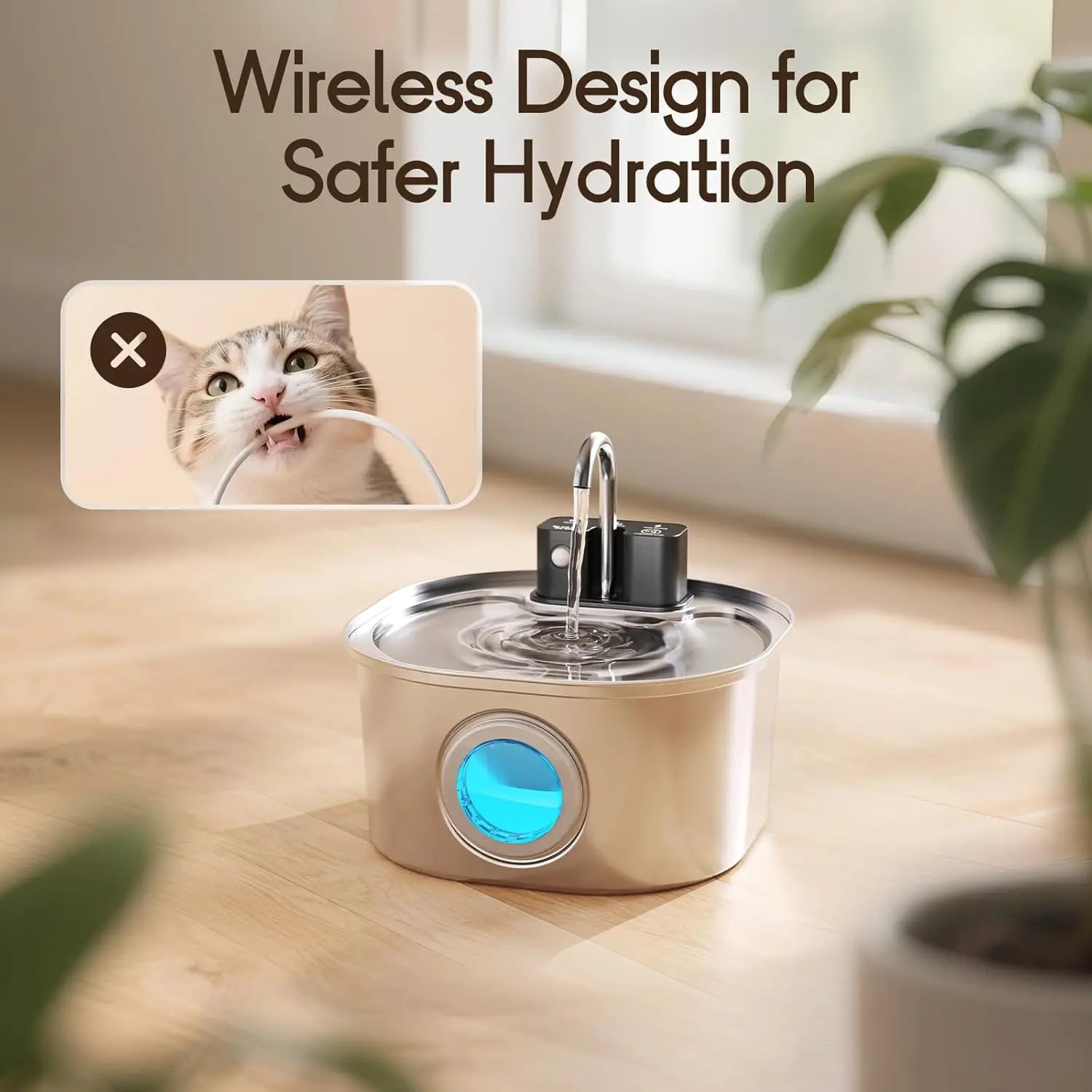 CURAPETS Stainless Steel Wireless Pet Fountain 3L