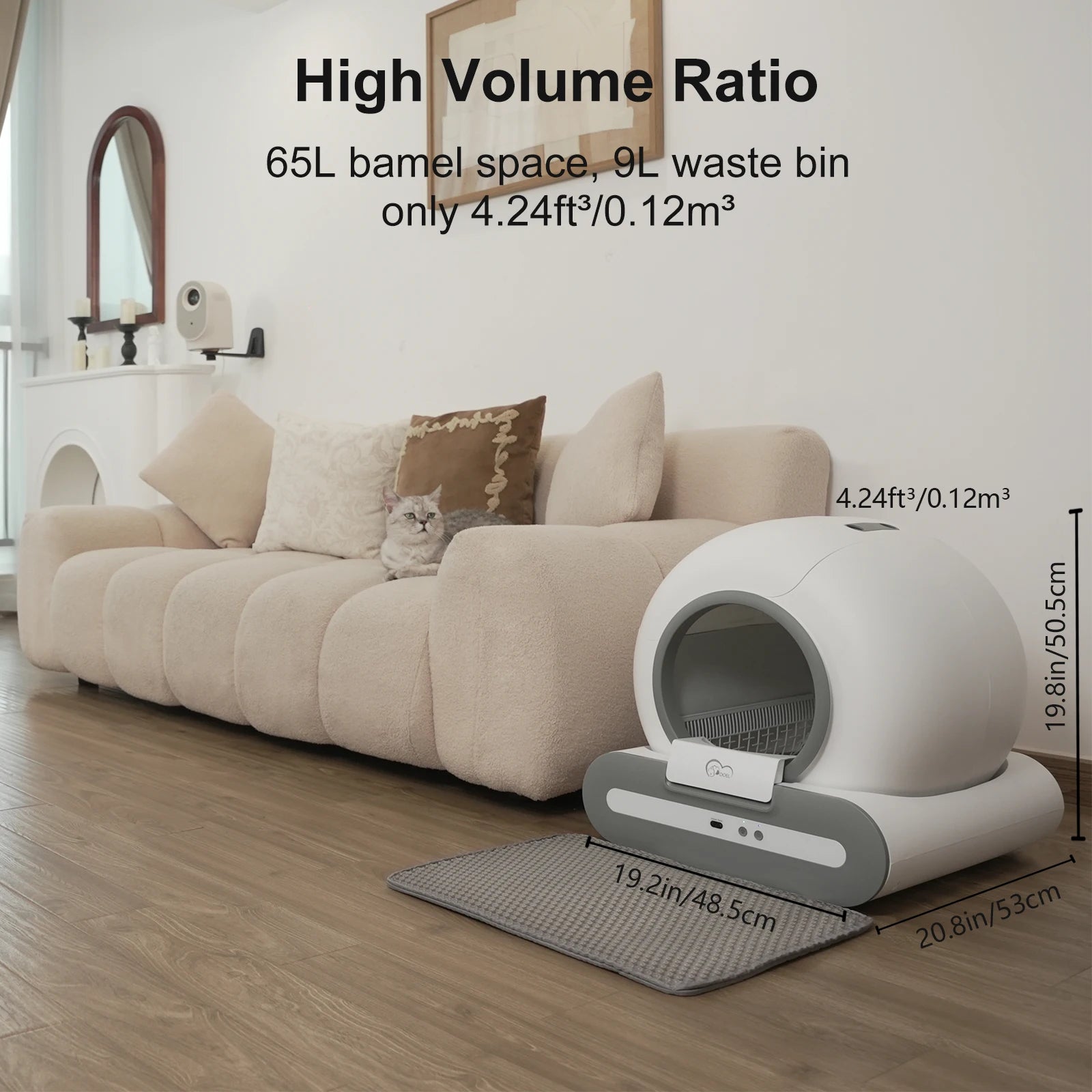 Pet bed with waste bin in a living room setting, showing space efficiency.