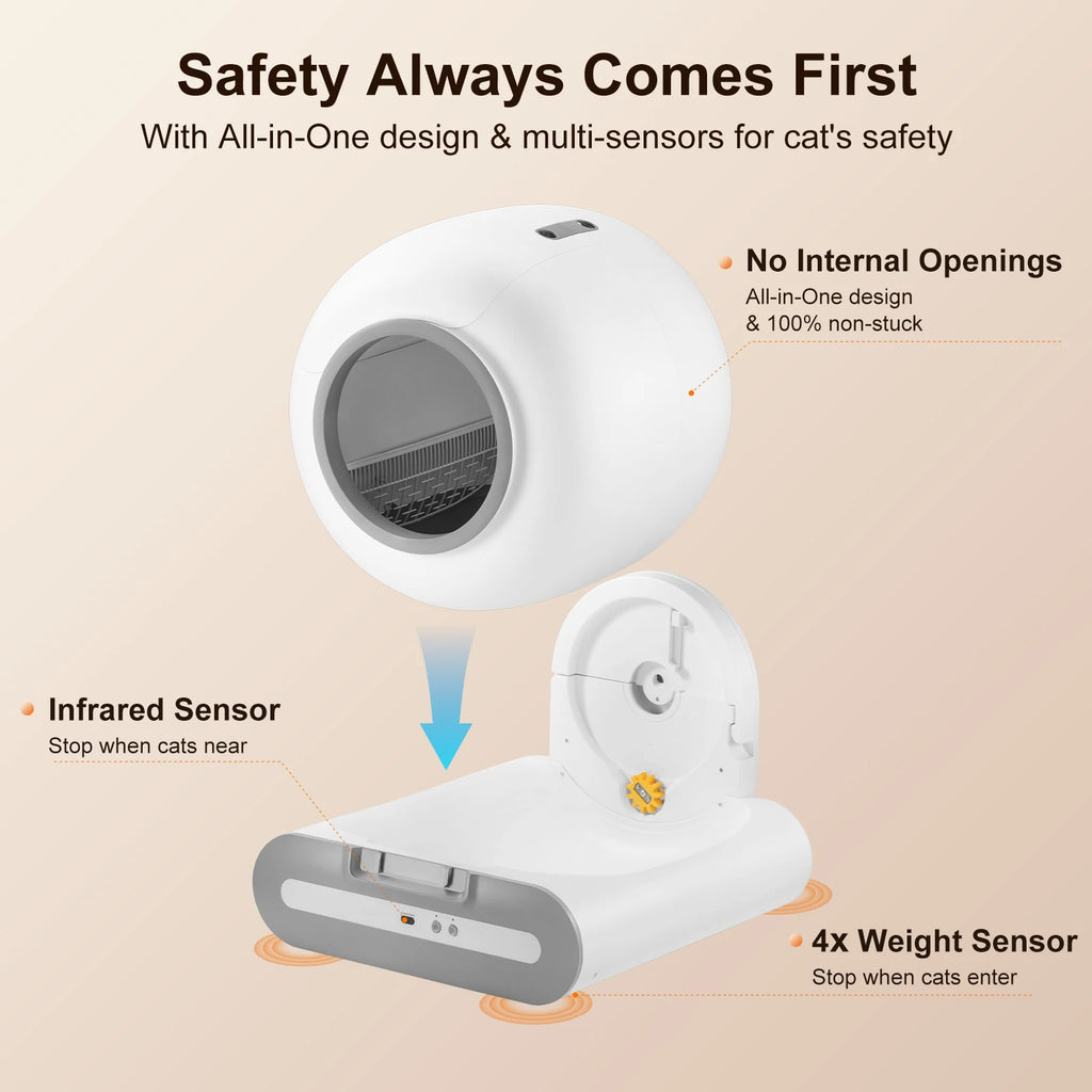 Cat safety device with text highlighting features on a beige background