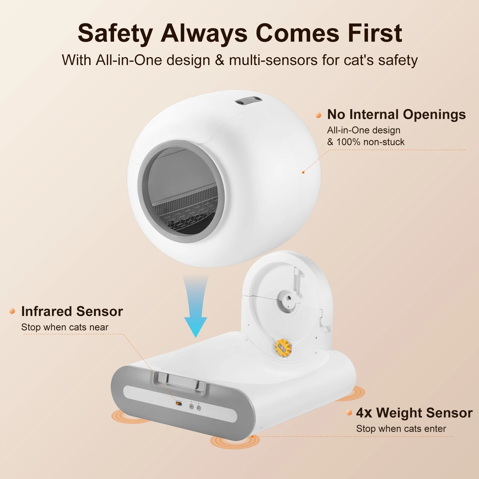 Cat safety device with text highlighting features on a beige background