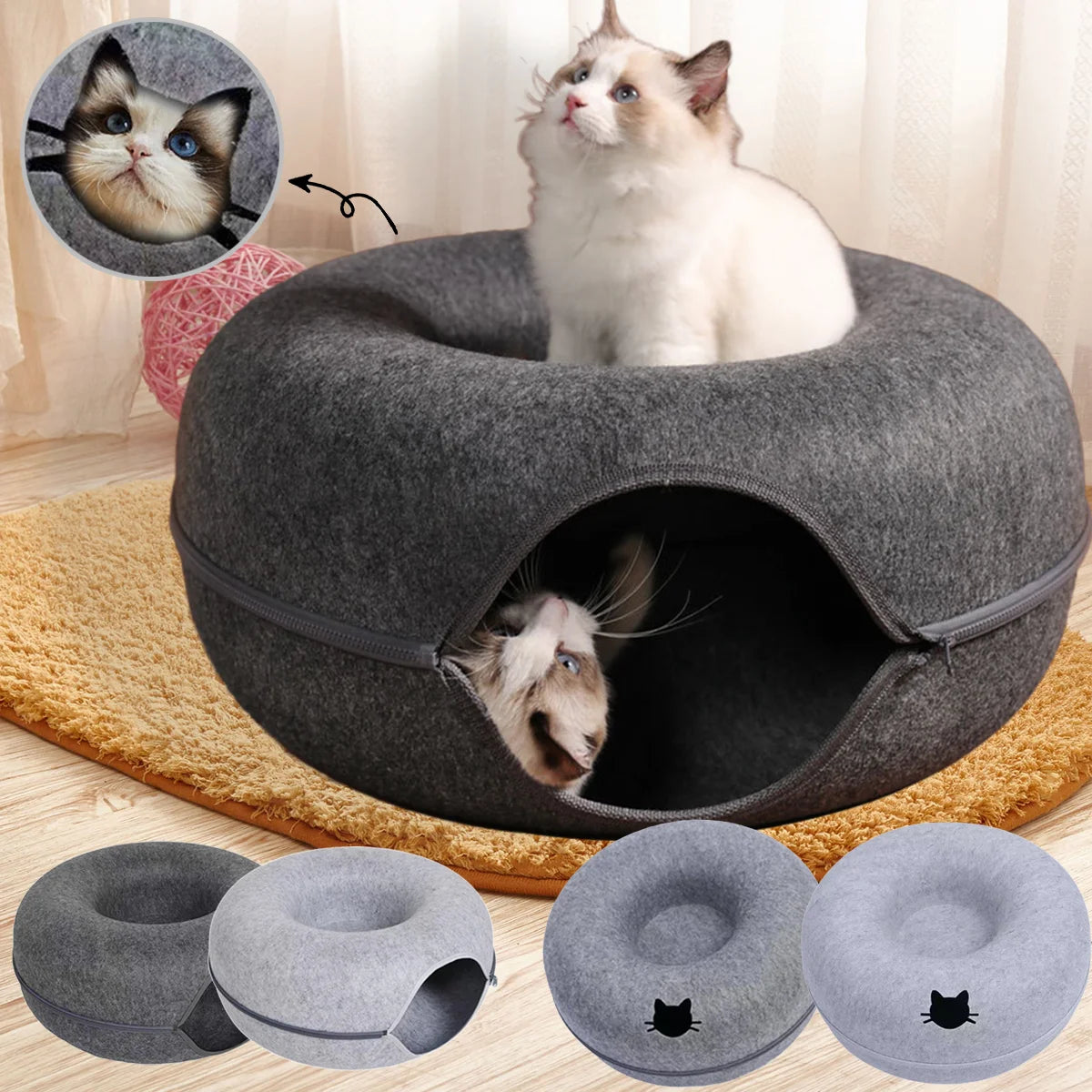 CURAPETS Felt Donut Tunnel Cat Bed